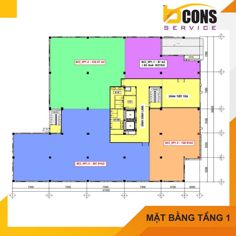 Mat bang Tang 1 Toa nha van phong Bcons Tower II