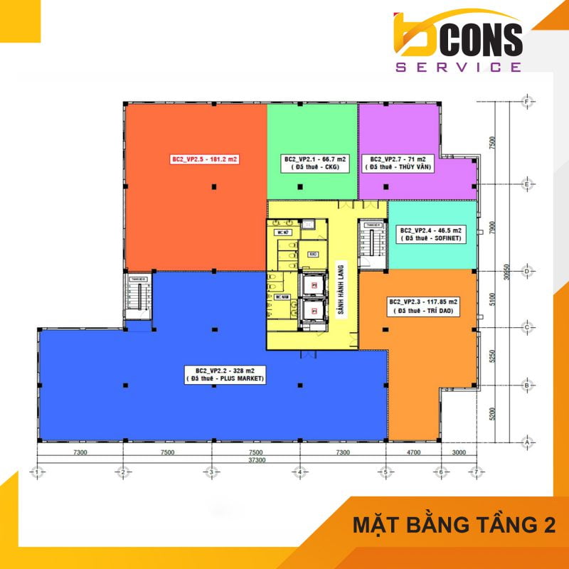 Mat bang Tang 2 Toa nha van phong Bcons Tower II