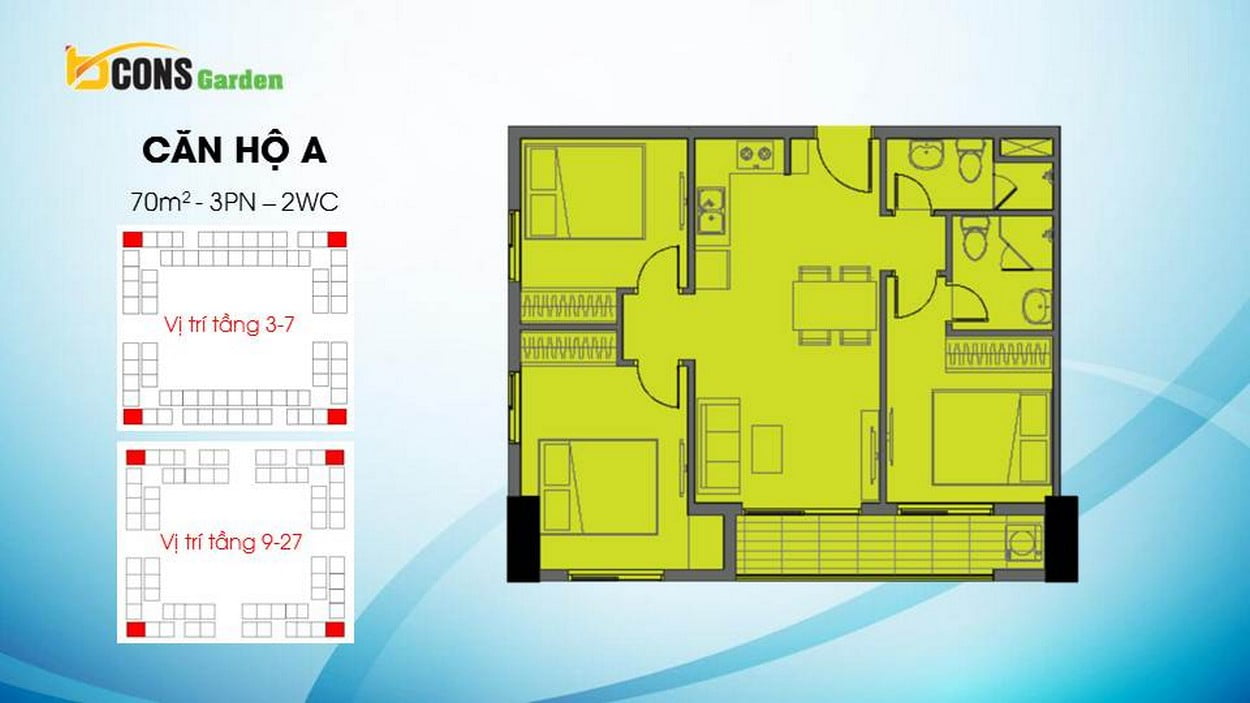 Thiết kế căn hộ A (3 PN – 2 WC) Bcons Garden Dĩ An