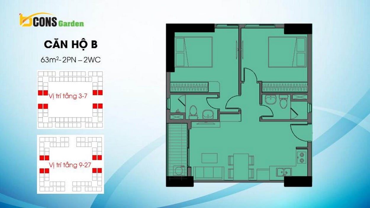 Thiết kế căn hộ B (2 PN – 2 WC) Bcons Garden Dĩ An