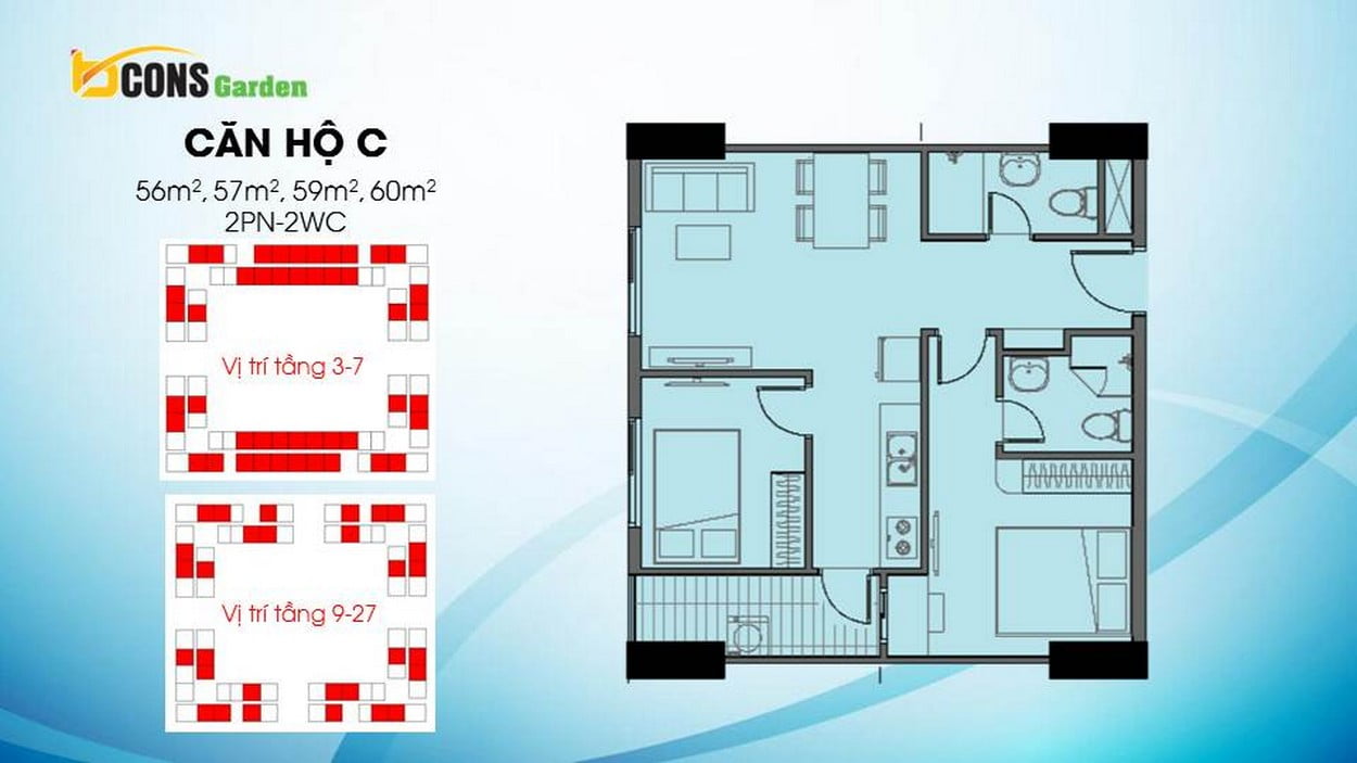 Thiết kế căn hộ B (2 PN – 2 WC) Bcons Garden Dĩ An