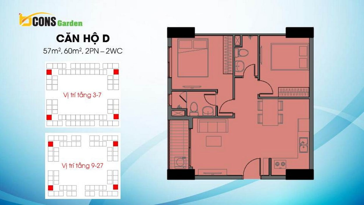 Thiết kế căn hộ D (2 PN – 2 WC) Bcons Garden Dĩ An