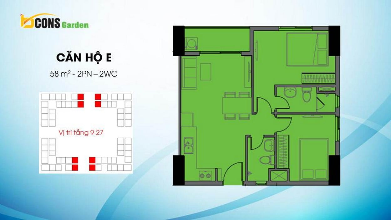 Thiết kế căn hộ E (2 PN – 2 WC) Bcons Garden Dĩ An