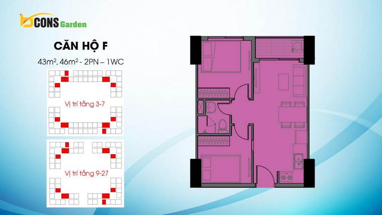 Thiết kế căn hộ F ( 2 PN – 1 WC) Bcons Garden Dĩ An