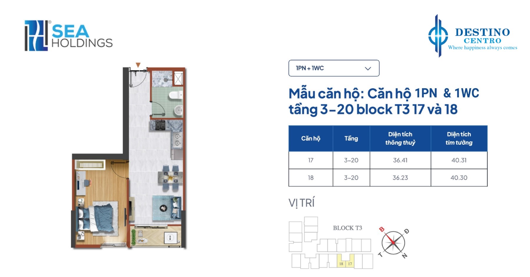 Thiết kế căn hộ 1PN-1WC Destino Centro