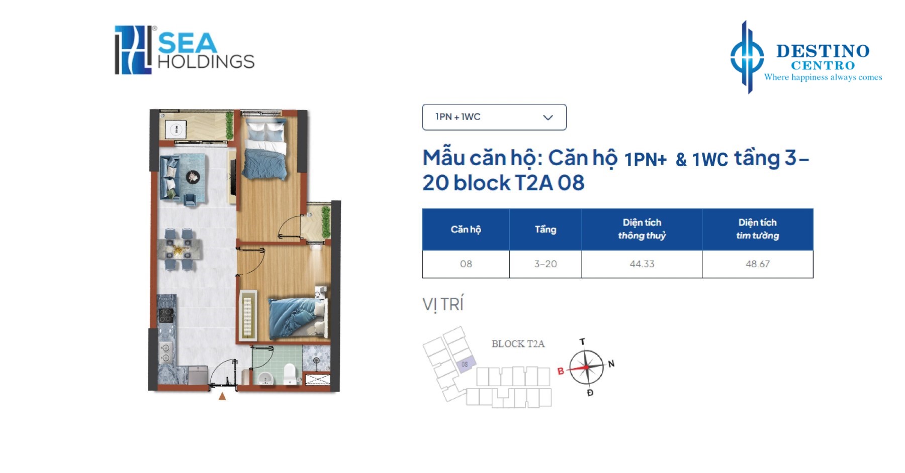 Thiết kế căn hộ 1PN công - 1WC Destino Centro