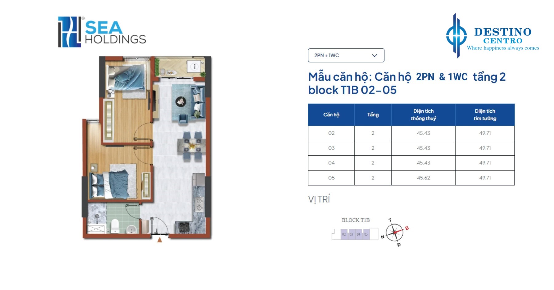 Thiết kế căn hộ 2PN-1WC Destino Centro